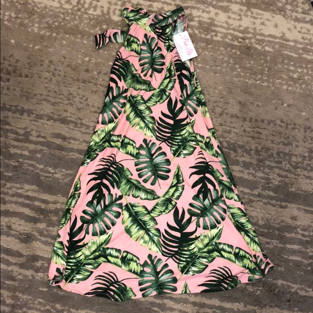 Pink lily palm leaf pocket dress
